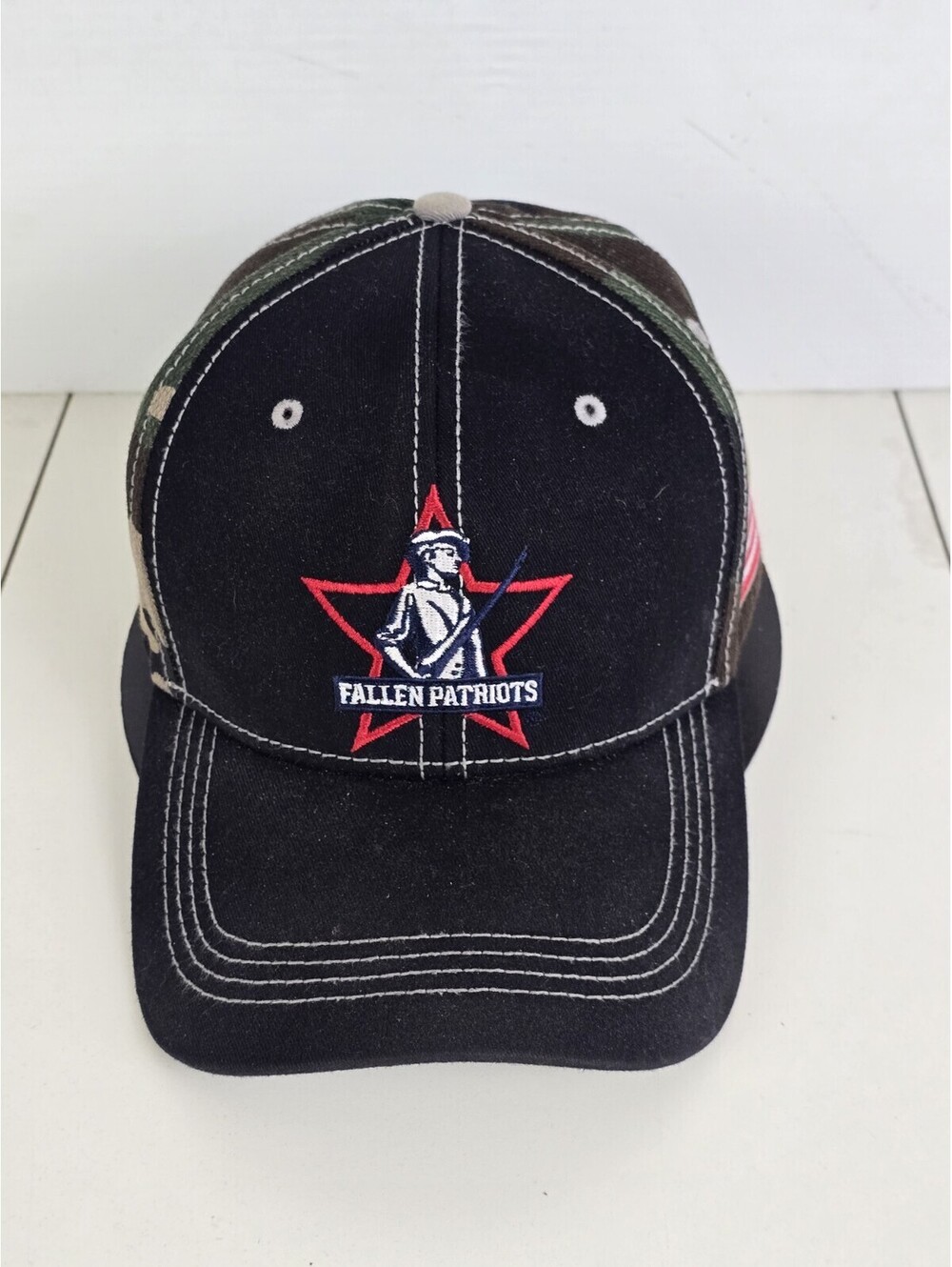 Fallen Patriots Snap Back Hat Pepsi Black Camo Cap USA Flag Embroidered Mesh